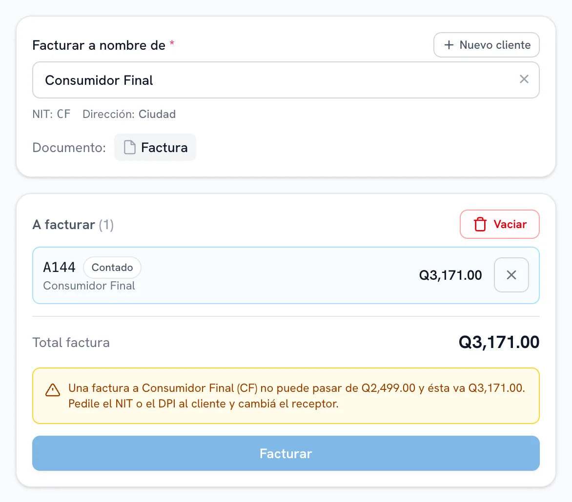 Pantalla de facturación con una venta de Q3,171.00 a Consumidor Final: el sistema avisa que una factura a CF no puede pasar de Q2,499.00 y no deja facturar hasta cambiar el receptor.