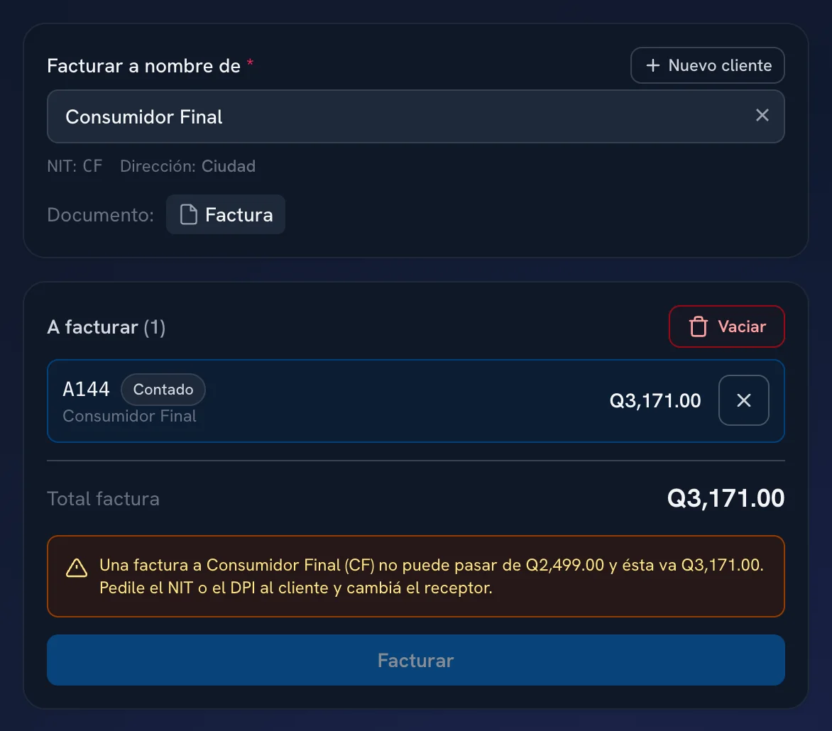 Pantalla de facturación con una venta de Q3,171.00 a Consumidor Final: el sistema avisa que una factura a CF no puede pasar de Q2,499.00 y no deja facturar hasta cambiar el receptor.