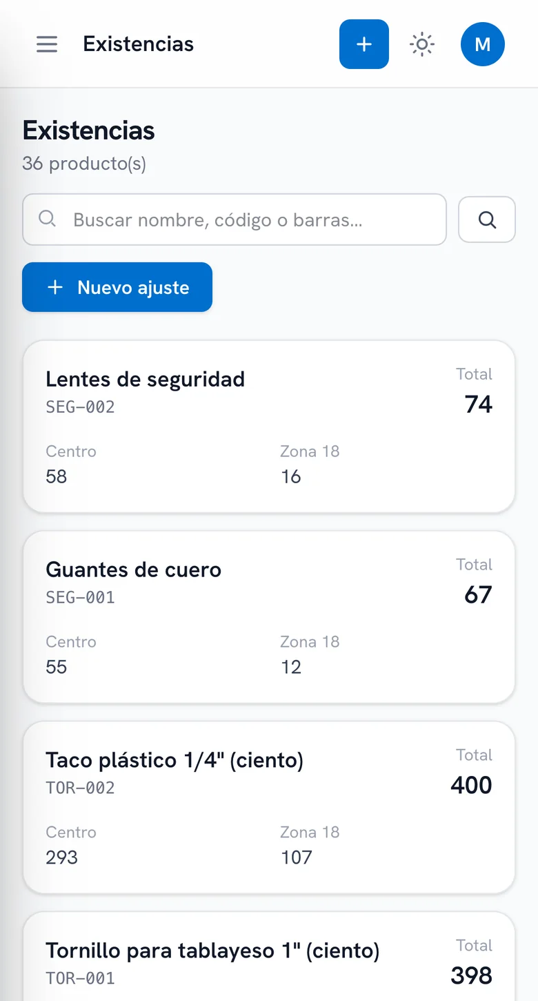 Existencias en el teléfono: cada producto con su total y lo que hay en cada sucursal.